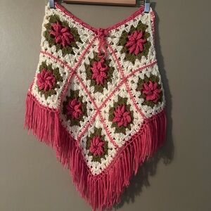 Crochet Poncho with Pink and Green Floral Design